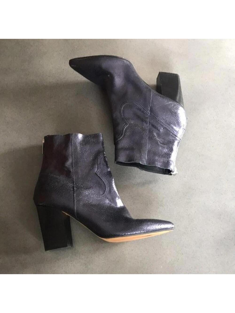 L’Intervalle Metallic Leather Western Ankle Boots Pointed Toe Block Heel Size 41